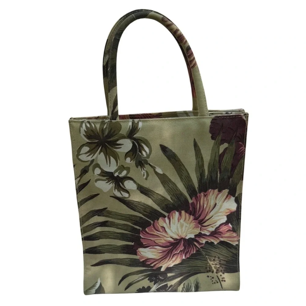 Sunny‎ Hawaii Tropical Floral Hibiscus Canvas Tote Handbag Tan Green Pink